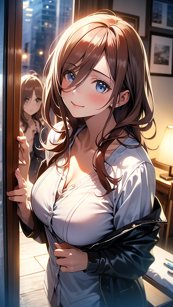 realistic, Two Women、A painting of two women gazing at each other、お尻を向けている、female up、Two women kiss、Women are lined up.、The entanglement of women、The bodies of two women、Both have big breasts、dramatic, sensuous, highly detailed portrait of a beautiful young woman with long reddish brown hair, big blue eyes with long eyelashes, detailed facial features, smooth vibrant anime-style skin texture, perfect busty figure, confident and attractive pose, white panties visible, hotel room night view, soft lighting, romantic and sensuous atmosphere, (best quality, 4K, 8k, highres, masterpiece:1.2), ultra-detailed, (realistic, photorealistic, photo-realistic:1.37), HDR, uhd, studio lighting, ultra-fine painting, sharp focus, physically-based rendering, extreme detail description, professional, vivid colors, bokeh, portraiture, anime