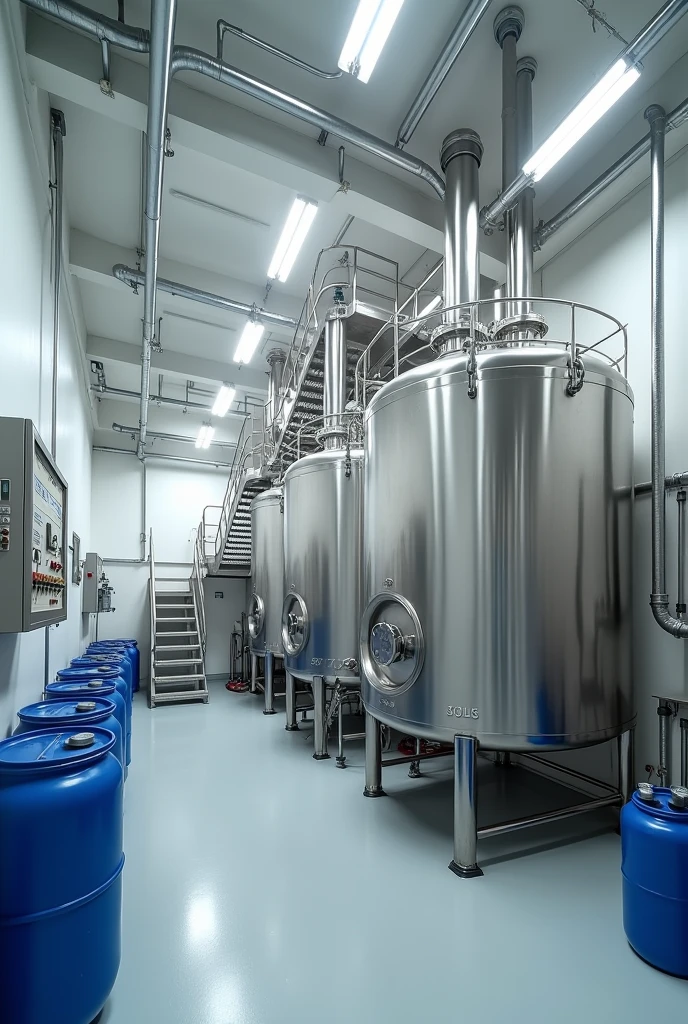 Industrial processing room featuring several large stainless steel tanks. Metal stairs provide access to the tanks. Blue plastic barrels are positioned on the left side. The walls are white, with overhead lighting and visible piping along the walls. A control panel with indicators is mounted on the left.