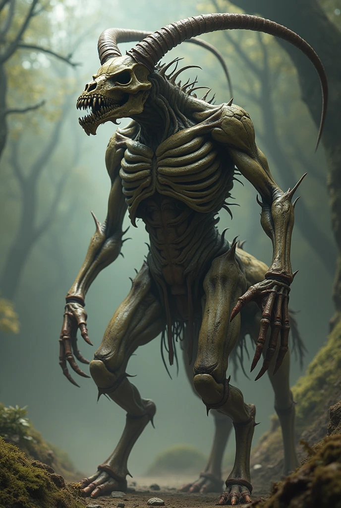 Create an image of a terrifying humanoid centaur-like creature known as Skeleraton. This creature stands approximately 3 meters tall. Its upper torso, from the neck up, resembles a skeletal upper human body, showing bones and cracks, with a grotesque and frightening appearance. The centaur has long curved horns extending from its head to the back, and a skull with visible cracks and frighteningly sharp teeth. The lower torso resembles that of a typical centaur but with the same skeletal and decaying characteristics. The overall look should evoke feelings of horror and unease.