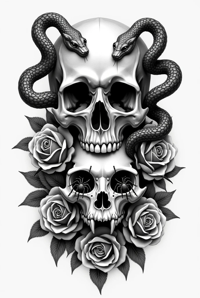 Draw a skull with 2 snakes coming out of its eyes and below a cat's skull with spiders coming out of its eyes with a base made of roses in tattoo style