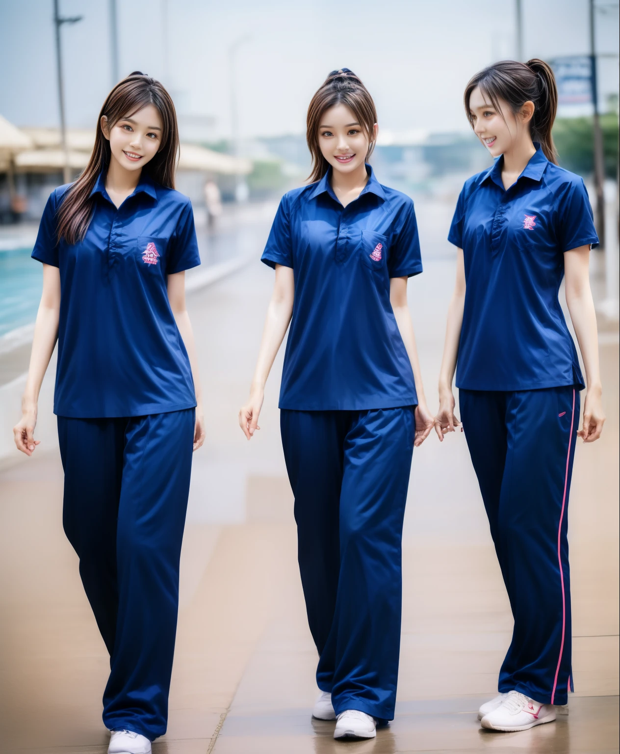 3 girls on beach, Navy blue short-sleeved shirt,Navy Long Trackpant,Sweatpants, Sweatpantsขายาว,25 year old girl, lesbian, sexy, exercise clothes, wet body, exercise clothes