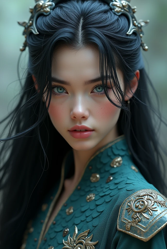 (photorealism:1.2), beautiful, woman, long black hair, blue eyes, fair skin, wearing dragon warrior costume 