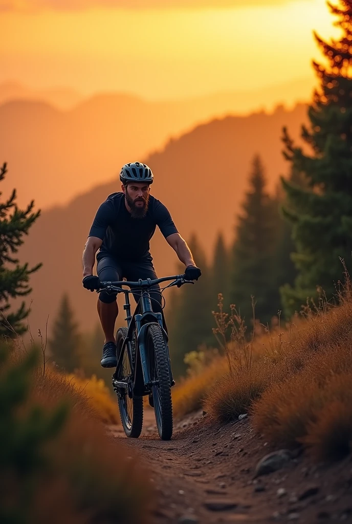 A cyclist with a beard and blurred face, The cyclist with a helmet looks back while descending on a black MTB, on a mountain trail, with an orange sky, forests, and a brown land