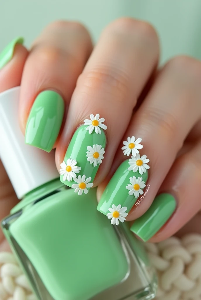 Green gel nails daisies. 1,5 cm