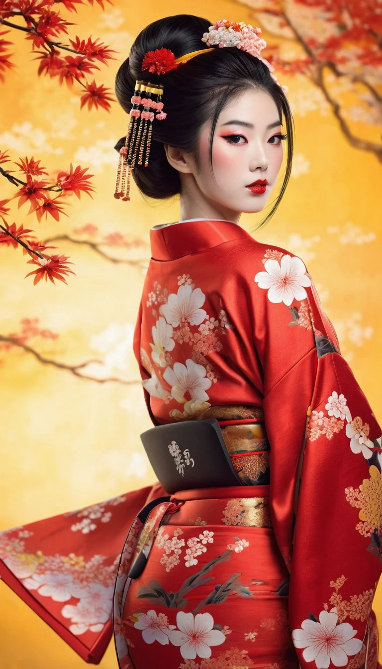 8k, RAW photo, best quality, masterpiece, realistic, photo-realistic, clear, professional lighting, beautiful face, best quality, ultra high res, In kimono outfit with red and yellow background, Beautiful artwork illustration, Red kimono, beauty geisha, In kimono, Traditional Japanese concept art, japanese geisha, female geisha girl, Inspired by Otake Chikuyo, Japanese art style, In kimono, Beautiful Sex, geisha