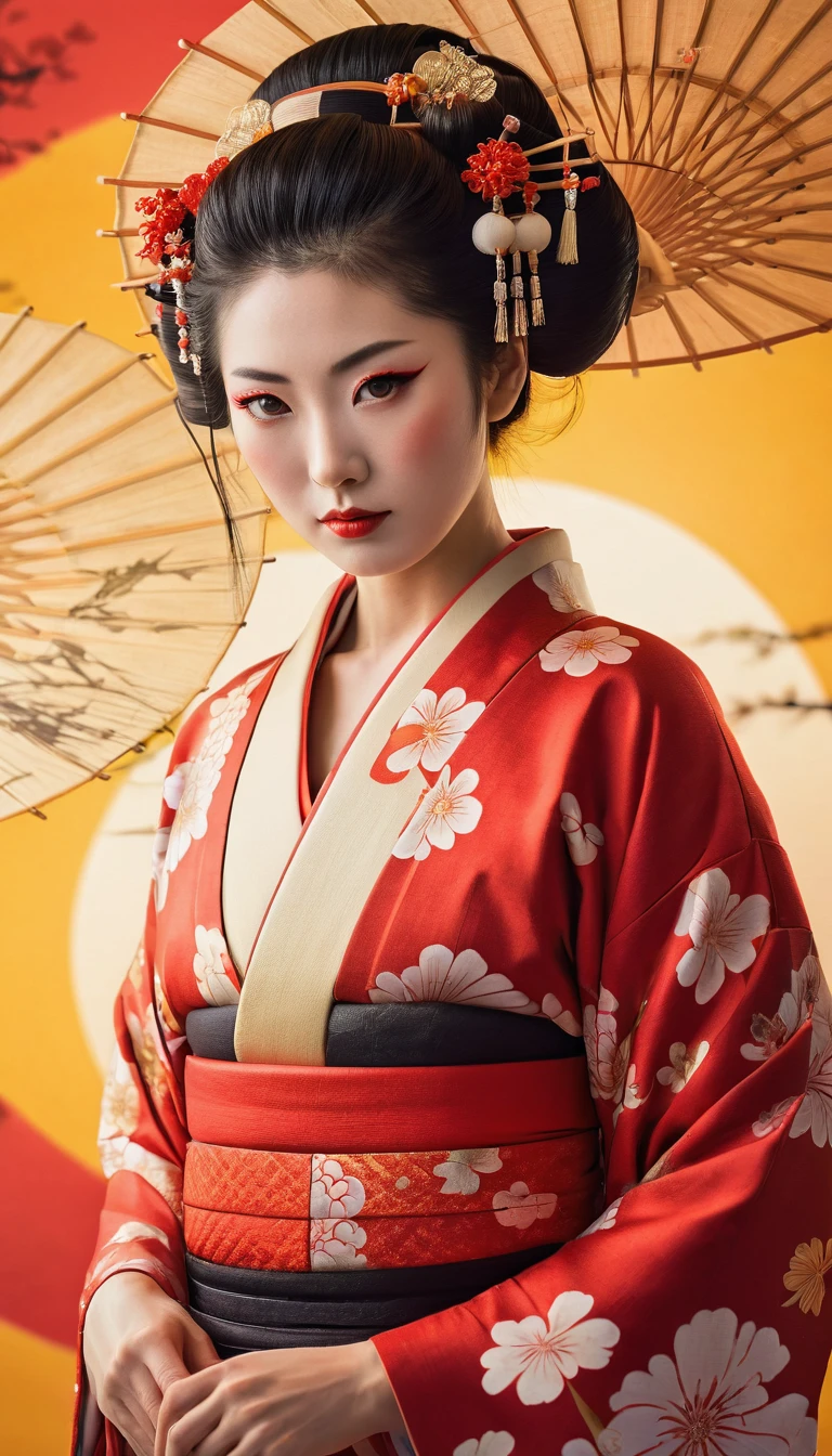 8k, RAW photo, best quality, masterpiece, realistic, photo-realistic, clear, professional lighting, beautiful face, best quality, ultra high res, In kimono outfit with red and yellow background, Beautiful artwork illustration, Red kimono, beauty geisha, In kimono, Traditional Japanese concept art, japanese geisha, female geisha girl, Inspired by Otake Chikuyo, Japanese art style, In kimono, Beautiful Sex, geisha