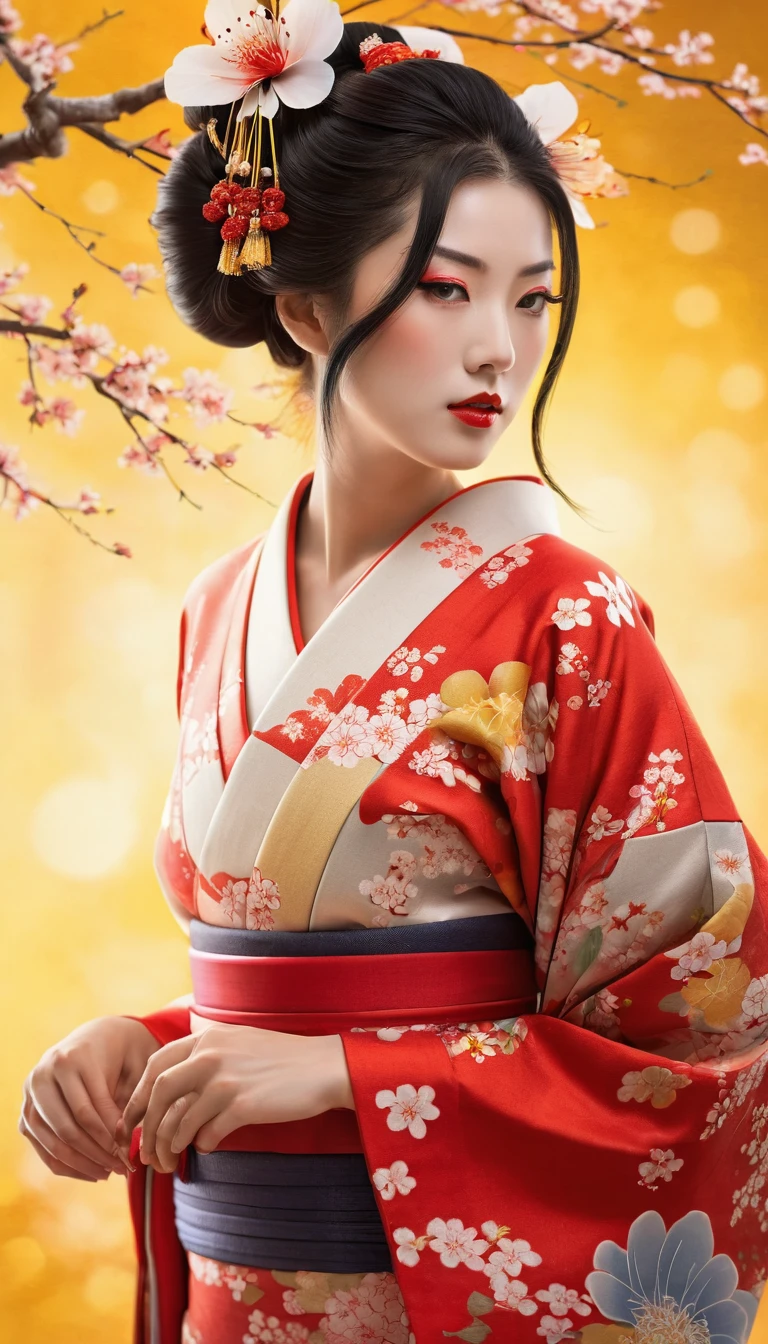 8k, RAW photo, best quality, masterpiece, realistic, photo-realistic, clear, professional lighting, beautiful face, best quality, ultra high res, In kimono outfit with red and yellow background, Beautiful artwork illustration, Red kimono, beauty geisha, In kimono, Traditional Japanese concept art, japanese geisha, female geisha girl, Inspired by Otake Chikuyo, Japanese art style, In kimono, Beautiful Sex, geisha