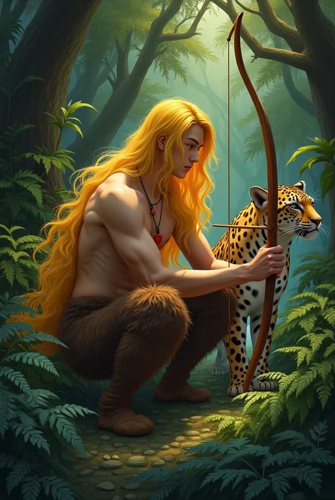 Very handsome Korean guy. He has yellow hair, that reach the ground, And bangs, that falls to the side.. He's shirtless, in brown fur pants and hoof-like shoes. He has a red heart pendant.... He squats in the thick, dark thicket of fern leaves and releases an arrow from his bow.. A kind jaguar next to him..