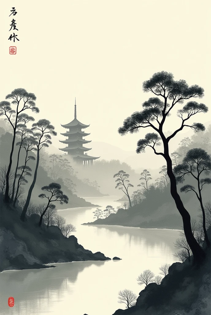 Japanese ink painting, river trees and a pagoda 