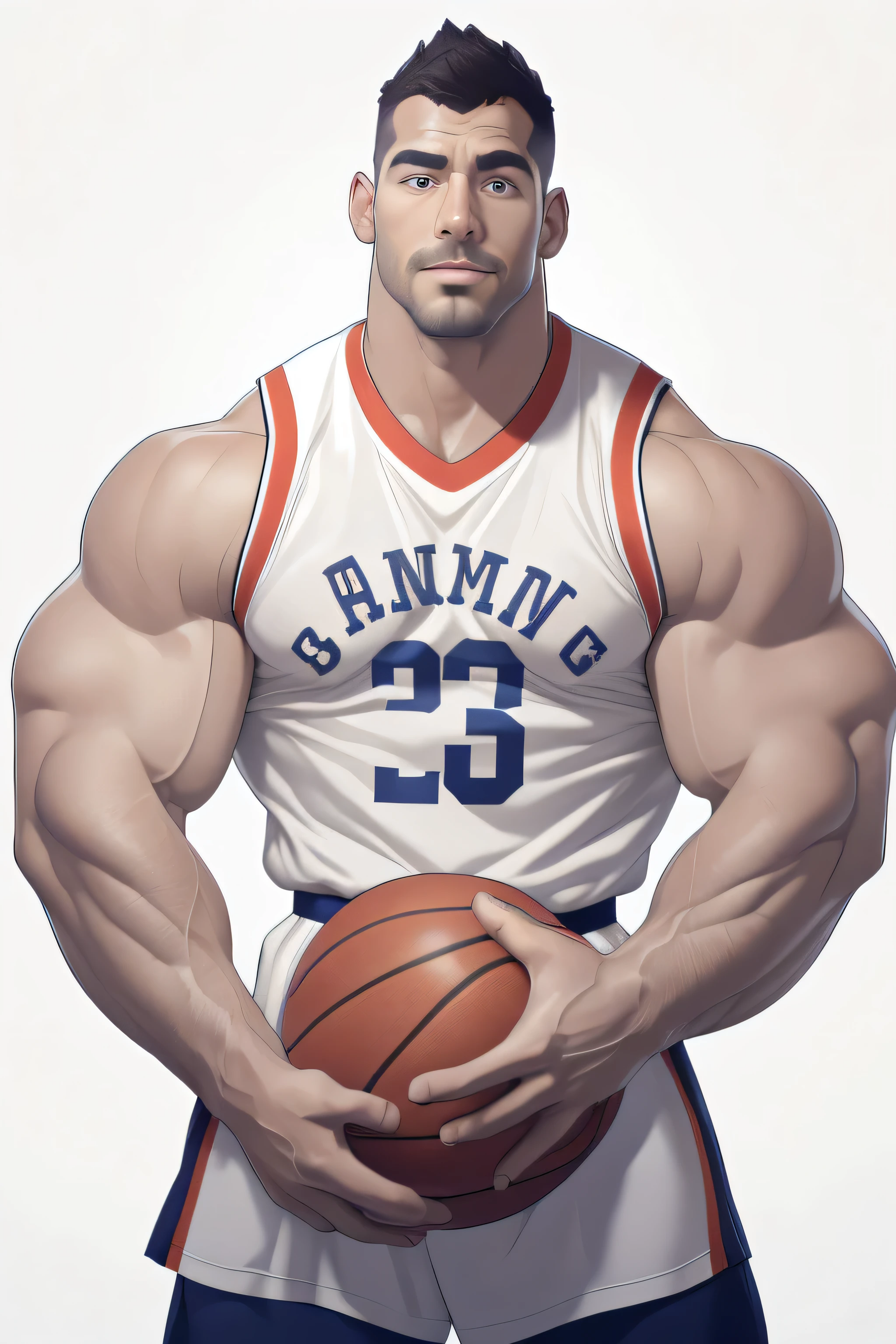 masterpiece, handsome , clear face and eyes, best quality, muscular, bara, mature male,holding a basketball,crew haircut, large pectorals, huge arms and hands,wearing a jersey, thick eyebrows,white background