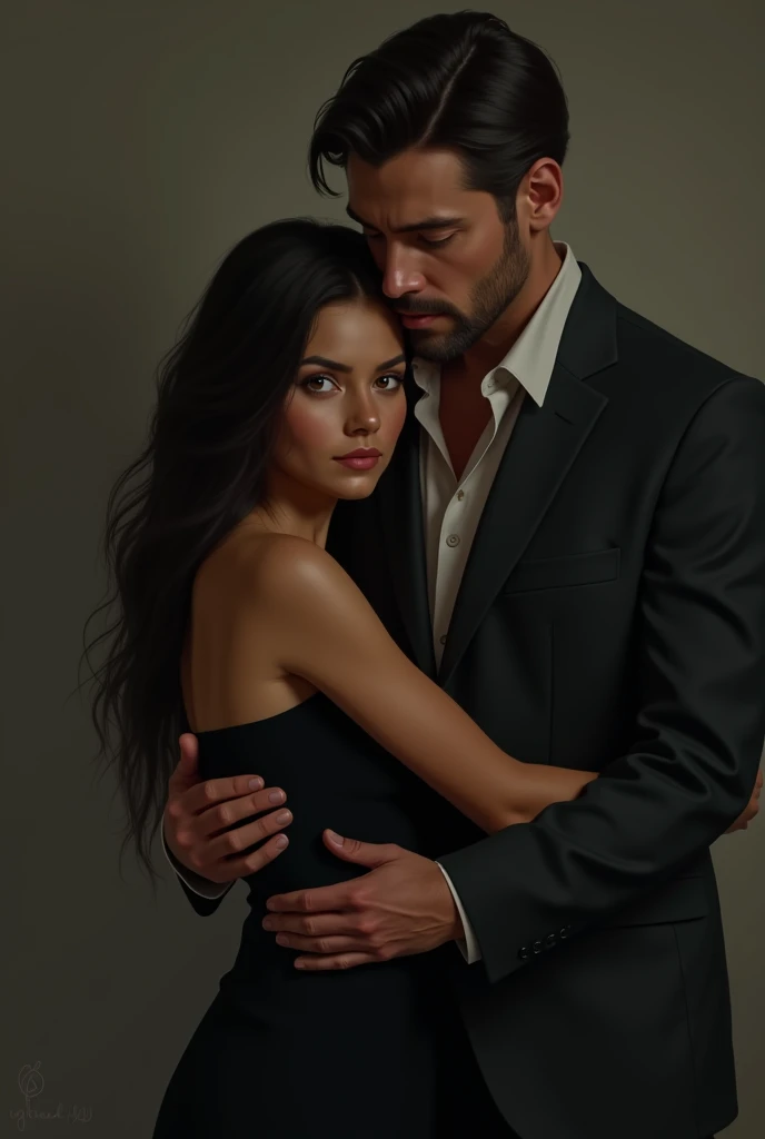 one Mexican woman, wearing a black dress, is 25 years old, brown eyes. A 35-year-old man wearing a suit with a clean-shaven face. He holds her around the waist as if he's protecting her