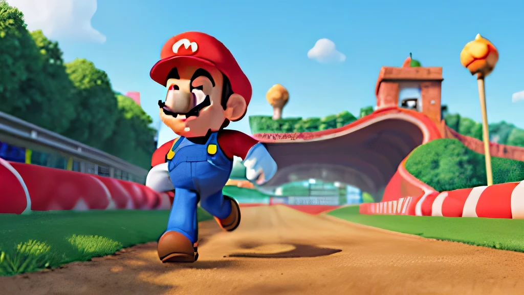 mario style environment, background, race track, bright saturated colors, high quality, cartoon, stylized, green scenery