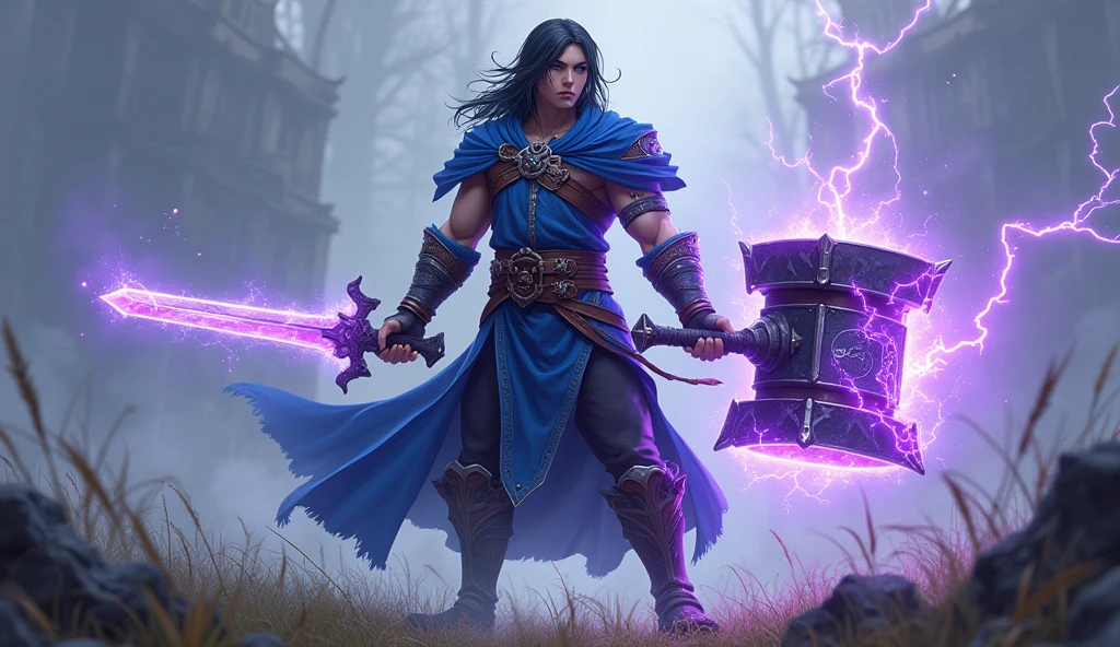 uth,Height above 1.8 meters, full body version, blue eyes, Slightly longer hair, Black hair, A murderous expression, Blue robe, fantasy style clothing, The left hand holds a sword,Right hand holding the Haotian Hammer,light effect wrapped fairy sword, The Haotian Hammer wrapped in purple lightning,war posture, grassroots background