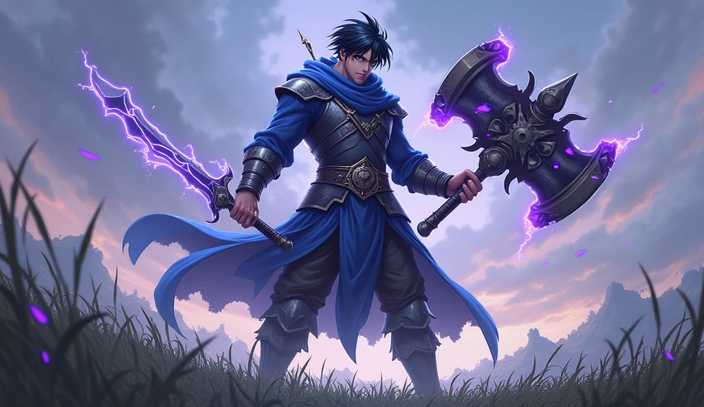 1 Youth,Height above 1.8 meters， full body version, blue eyes, Slightly longer hair, Black hair, A murderous expression, Blue robe, fantasy style clothing, The left hand holds a sword，Right hand holding the Haotian Hammer，light effect wrapped fairy sword, The Haotian Hammer wrapped in purple lightning，war posture, grassroots background