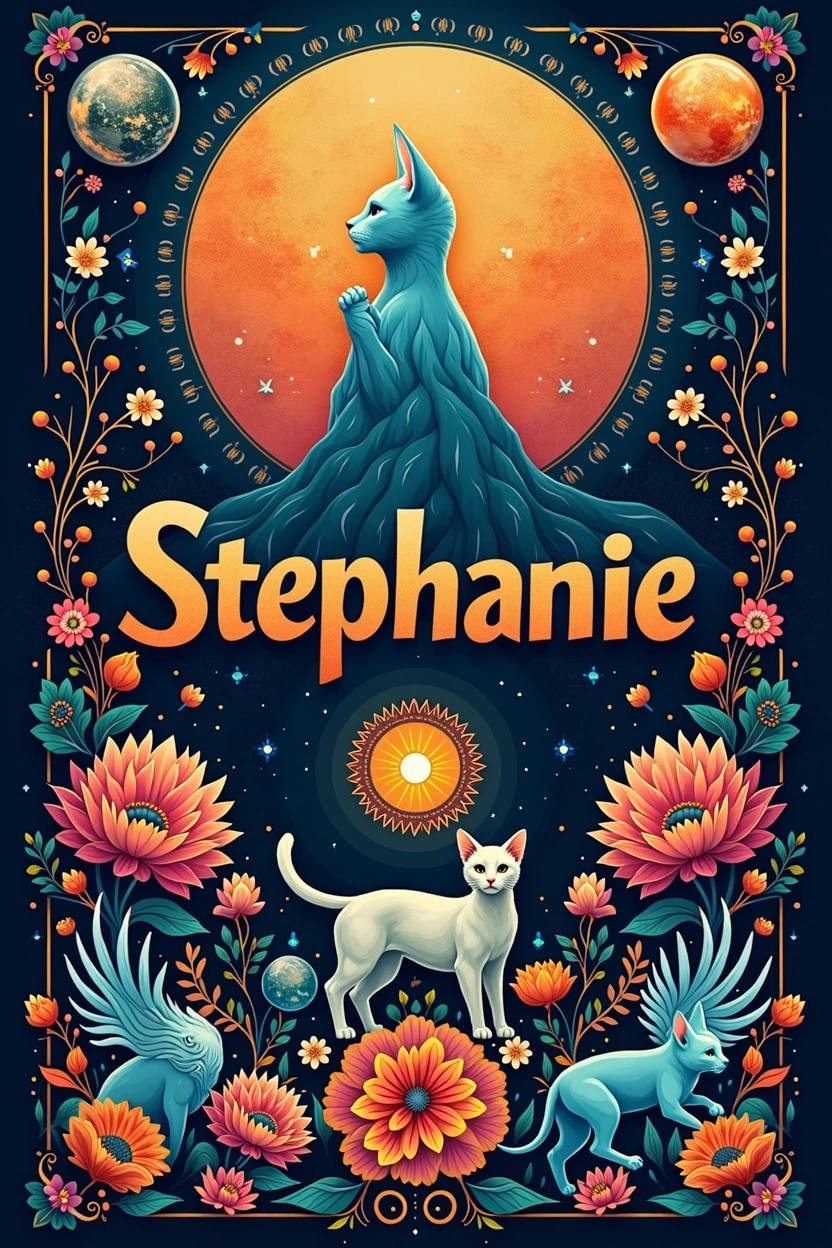 A cover where the name Stephanie is in the middle of the image, with striking designs around it, featuring small phoenix designs., cats, marbles, flores
