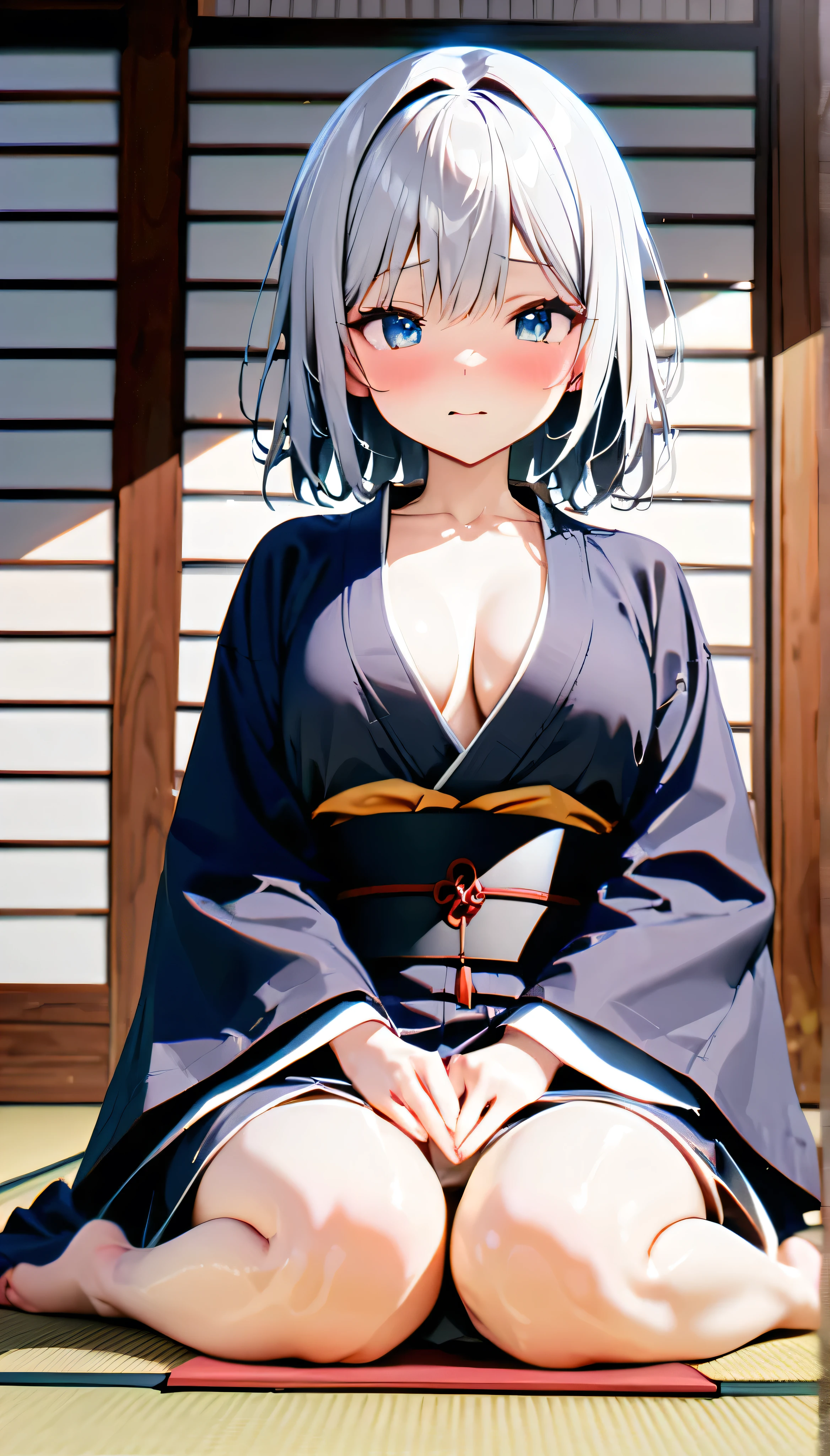 Karuta is a traditional Japanese card game, , 最high quality, (masterpiece:1.2), tatami, 1 , In the same way, tatamiの上に座る, tatamiの上のカードに手を置く,Silver Hair,Japanese-style blue eyes, High resolution, Sitting chest, Blushing, accurate, 最high quality, high quality, High-resolution model, High detail,