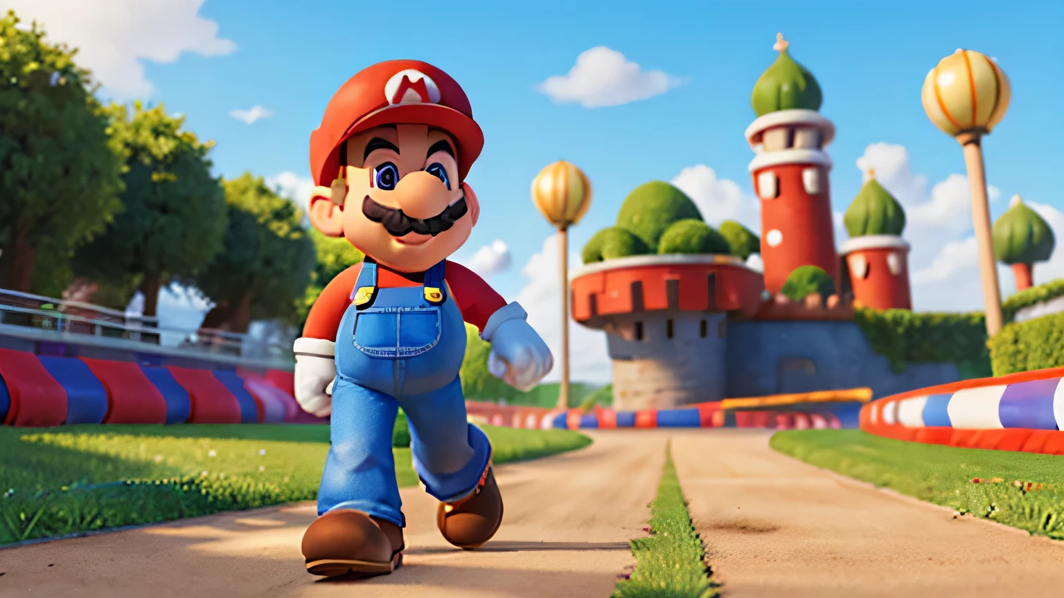 1 super mario, race track, bright saturated colors, high quality, cartoon, stylized, green scenery