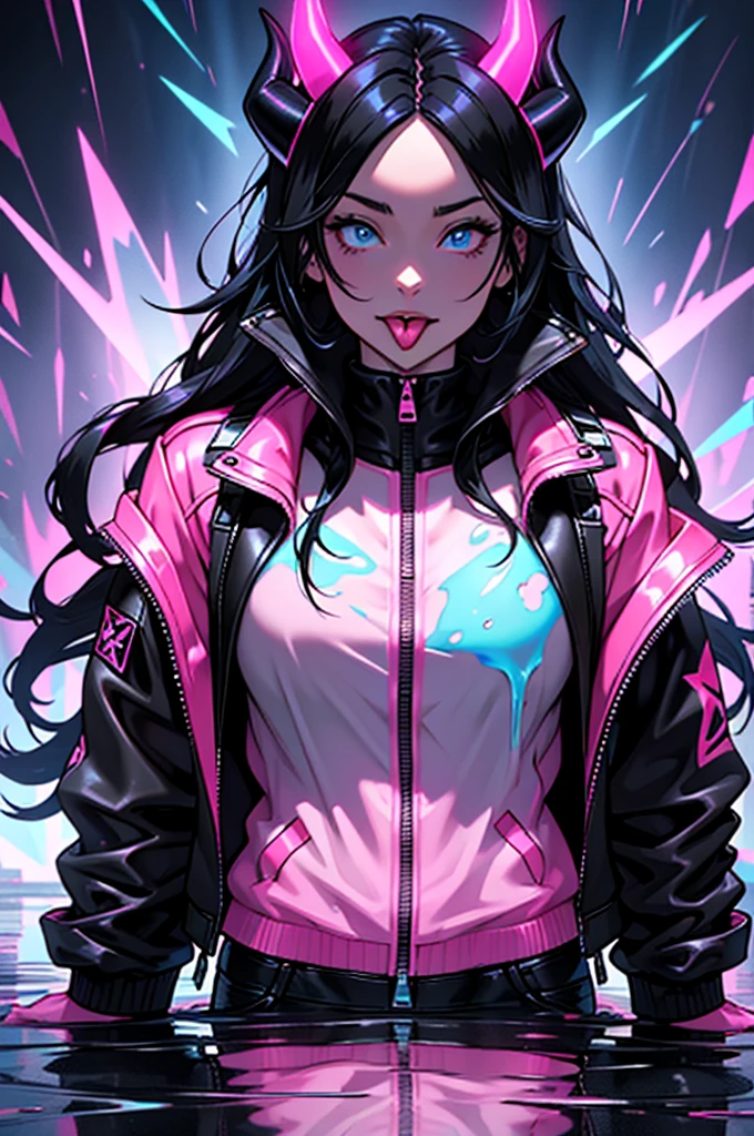 A woman with long black hair and glowing blue and pink horns is wearing a black leather jacket with a zipper. She is sticking her tongue out, and the tongue is glowing pink. She is covered in a pink liquid, and the liquid is dripping down her body and onto the black floor. The liquid is reflecting the glow of the horns and tongue, creating