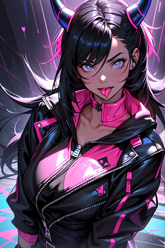 A woman with long black hair and glowing blue and pink horns is wearing a black leather jacket with a zipper. She is sticking her tongue out, and the tongue is glowing pink. She is covered in a pink liquid, and the liquid is dripping down her body and onto the black floor. The liquid is reflecting the glow of the horns and tongue, creating