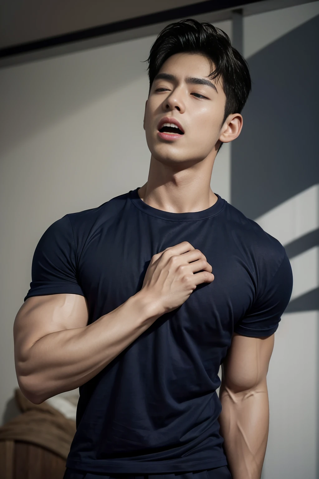 (Create a masterpiece: 1.2),(CGI art:1.3),(realistic:1.5),(After processing:1.3), (Sharp focus:1.3), 1 man, open mouth, smile, (Navy blue round neck t-shirt:1.3), Navy cargo pants, Korean guy , korean men, (High gloss details), chest muscles, large arm muscles, blood vessel, Big muscles, Broad shoulders, looking at the audience, Balancing the eyes, bedroom, Close your eyes.,(open mouth:1.1)
