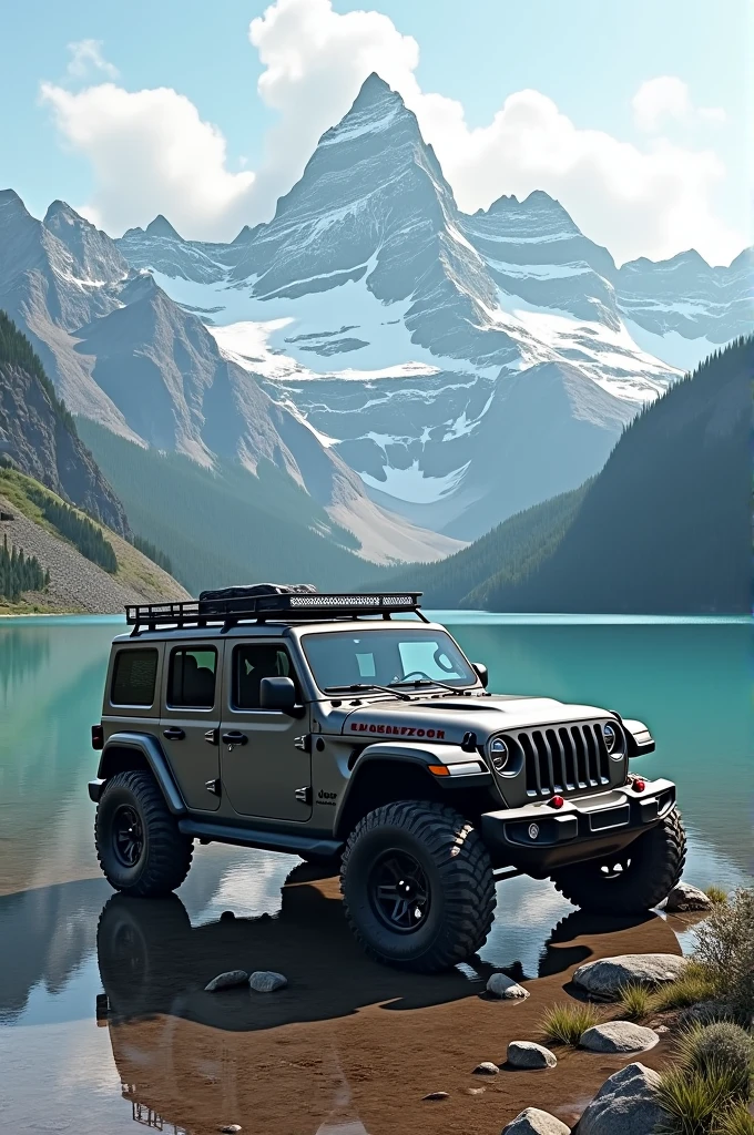 A jeep on lake with mountain 