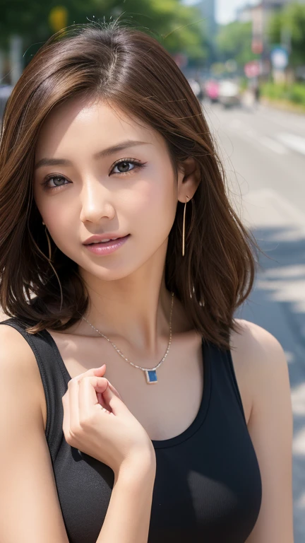 13日後に期限切れ 最high quality、masterpiece、High resolution、1 female、necklace、gem、Earrings、Beautiful Face、Body Up、Tyndall effect、Realistic、Rim Light、Two-tone lighting、(High resolutionスキン:1.2)、8k UHD、Digital SLR、Soft lighting、high quality、Volumetric lighting、photograph、High resolution、4K、8k、Brown haired woman、Adult、Small eyes、Perfect Mouth、Highly detailed eyes and mouth、Black natural eyes、Pure brown hair color、lol、Caucasian skin color、White shirt and random color tank top、Hair quality and shine、street、town、road、congestion、lol顔,Upper teeth