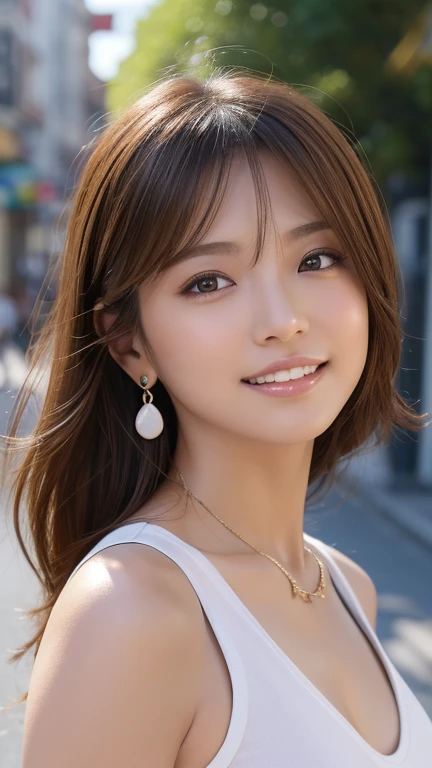13日後に期限切れ 最high quality、masterpiece、High resolution、1 female、necklace、gem、Earrings、Beautiful Face、Body Up、Tyndall effect、Realistic、Rim Light、Two-tone lighting、(High resolutionスキン:1.2)、8k UHD、Digital SLR、Soft lighting、high quality、Volumetric lighting、photograph、High resolution、4K、8k、Brown haired woman、Adult、Small eyes、Perfect Mouth、Highly detailed eyes and mouth、Black natural eyes、Pure brown hair color、lol、Caucasian skin color、White shirt and random color tank top、Hair quality and shine、street、town、road、congestion、lol顔，Upper teeth
