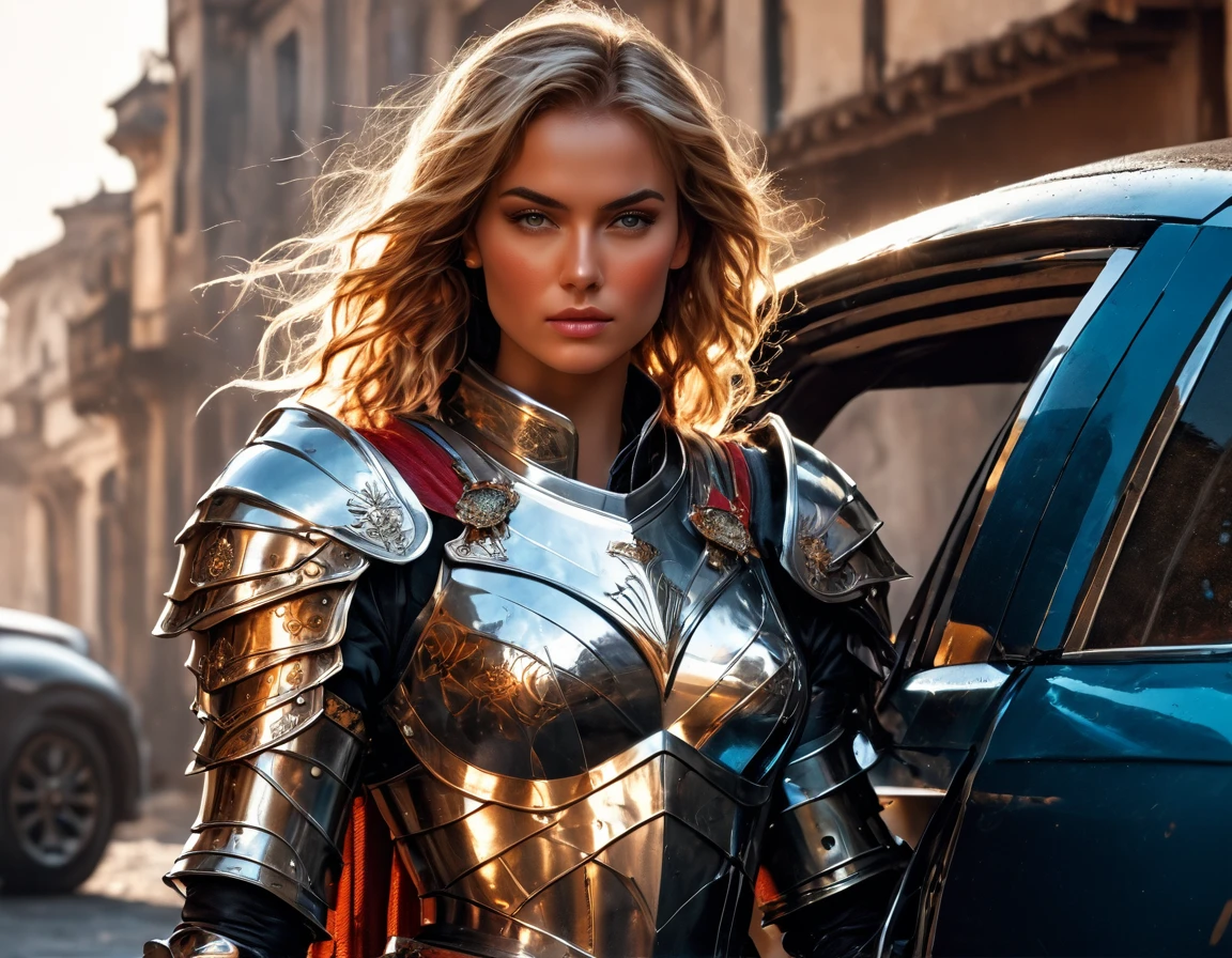 a beautiful female knight ready for battle, stands near her loyal car, a mature female paladin knight, holy warrior, ((full body: 1.5)), ((anatomically correct: 1.5)), (ultra detailed face: 1.2), looking tense, looking dangerous, dynamic eye color, dynamic hair color, dynamic hair style dynamic skin complexion, holding a radiant sword, holy sword, divine sword, wearing intricate armor, wearing high heeled boots, BREAK standing near her car, divine car, magical car, ready to battle car, car wreathed in flames, holy intricate runes, slick car, vibrant, Ultra-high resolution, High Contrast, (masterpiece:1.5), highest quality, Best aesthetics), best details, best quality, highres, 16k, (ultra detailed: 1.5), masterpiece, best quality, (extremely detailed) RAW, (ultra details, Masterpiece, best quality), Cinematic Hollywood Film