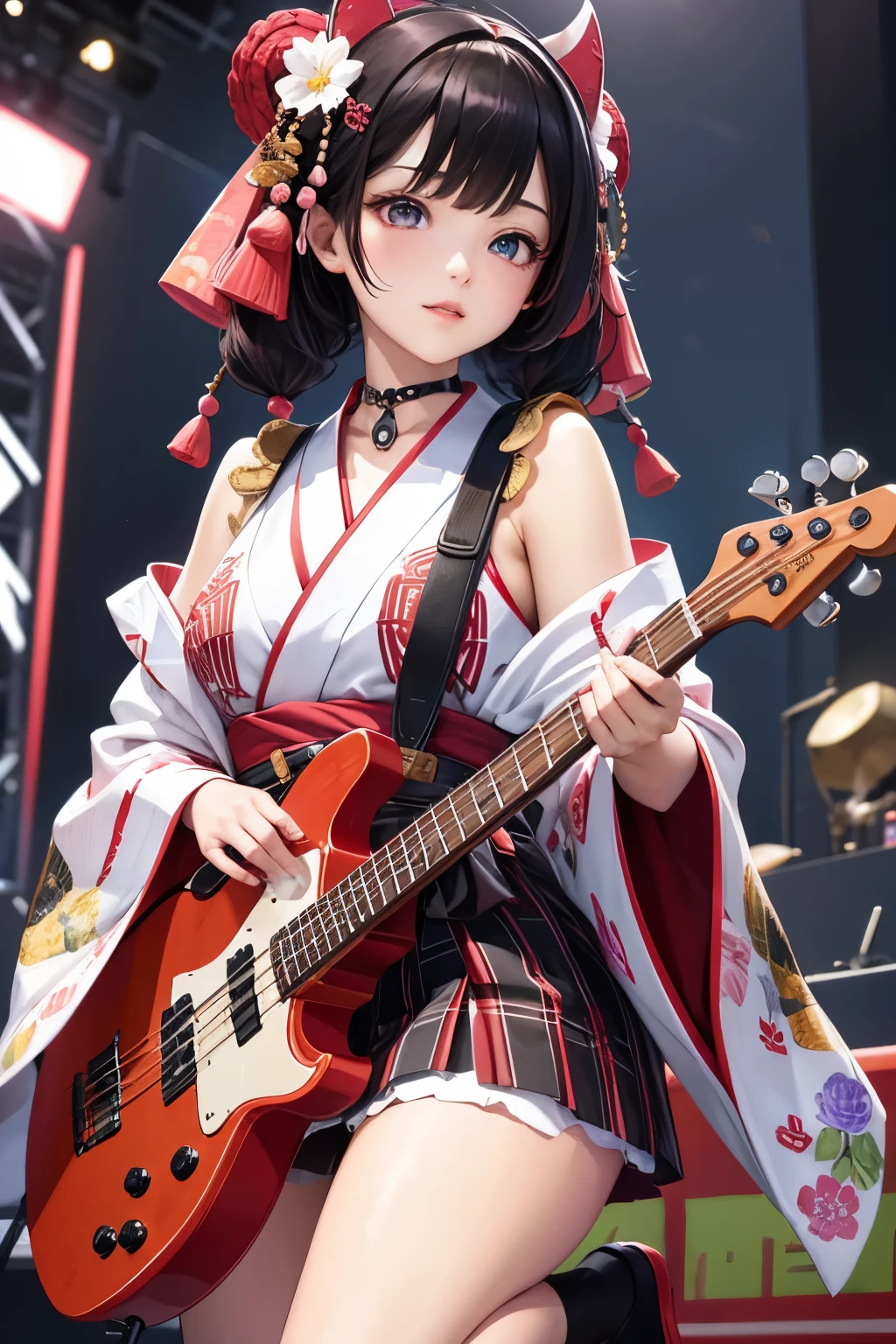 masterpiece, best quality, highly detailed, high resolution, expensive resolution, high resolution, 4k, 8k, Unity 8k wallpaper, highly detailed CG, masterpiece, 2d, 3d, beautiful details, depth, fine texture, best quality: 1.3, perfect focus, crispy skin, he, very cute anime girl, beautiful and cute girl in band playing bass guitar and singing in band wearing Japanese fancy patterned haori hakama on outdoor stage, full body, expensive black hair with pink inner short twin tail hair, mole under eye, looking at the viewer, expensive, blush, mole, open lips, , heart shaped choker, pink eyes, bass guitar, vocals, stage, outdoor festival stage