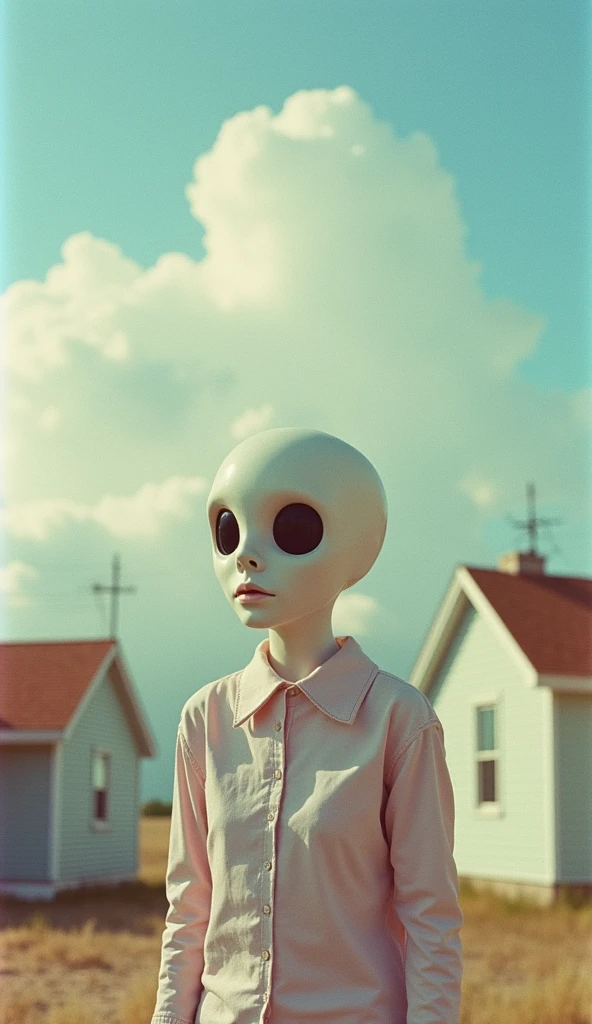 weird looking human figure. setting: houses, pastel colors, cotton clouds above, surreal atmosphere, raw photo, , 35mm