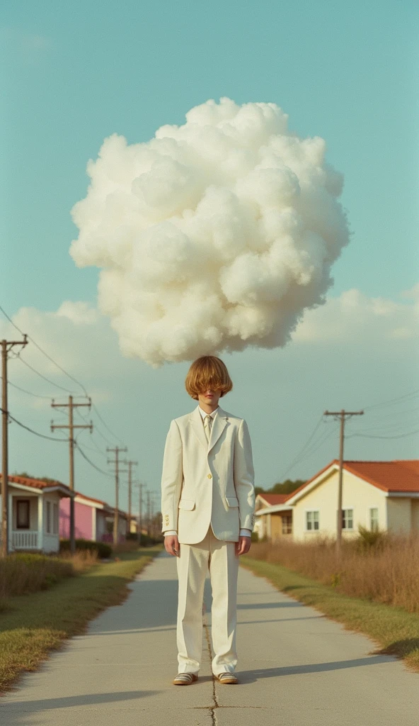 weird looking human figure. setting: houses, pastel colors, cotton clouds above, surreal atmosphere, raw photo, , 35mm