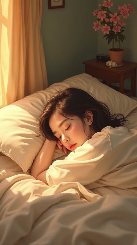 Woman sleeping in bed、20th Generation、Cute sleeping pose、The room is cute.、A woman with a scared expression looking directly at the camera from inside the futon.、