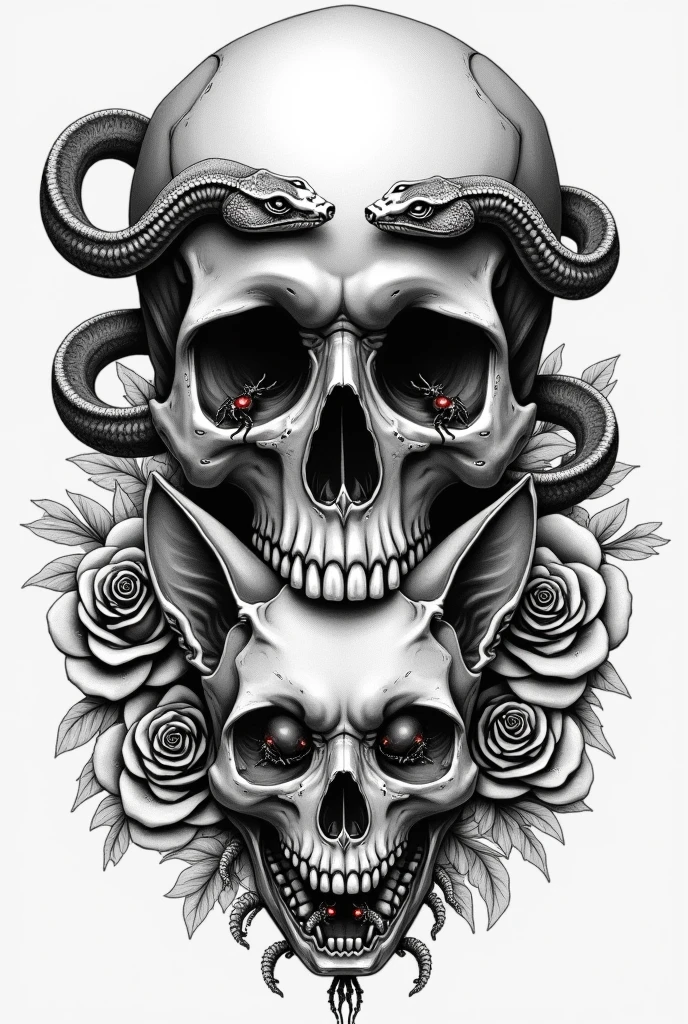 Draw a skull with 2 snakes coming out of its eyes and below a cat's skull with spiders coming out of its eyes with a base made of roses in tattoo style