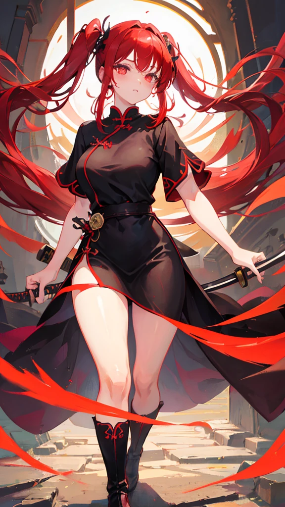 Woman, adult, long red hair, twin tails, red gliwing eyes, short black Chinese dress, large breasts, holding a katana