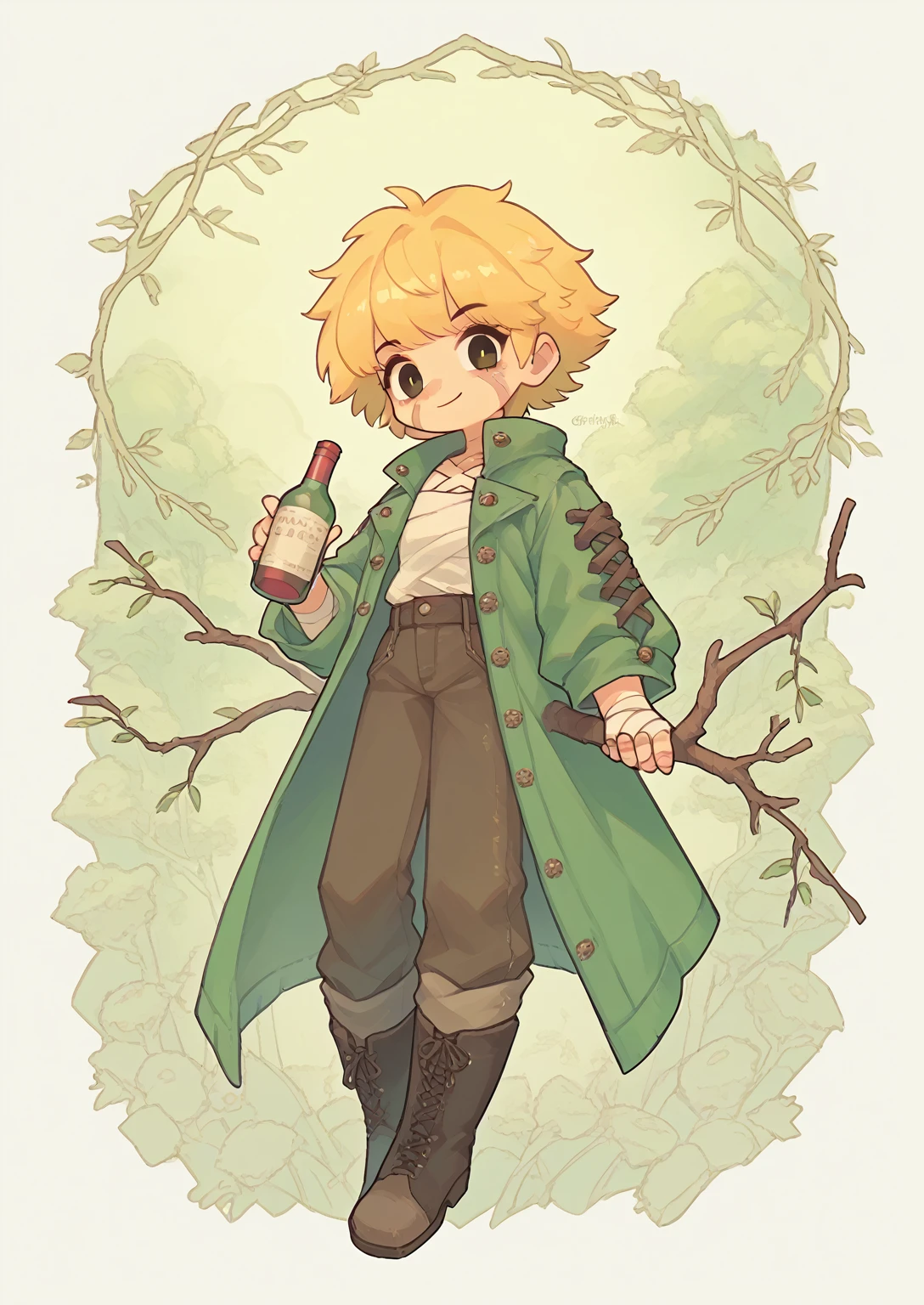 1 Girl，Scars on the face，Golden spiky short hair，Spiky bangs，Green tattered long coat，trousers，Wine Bottle，Smile，bandage，Branches，boots