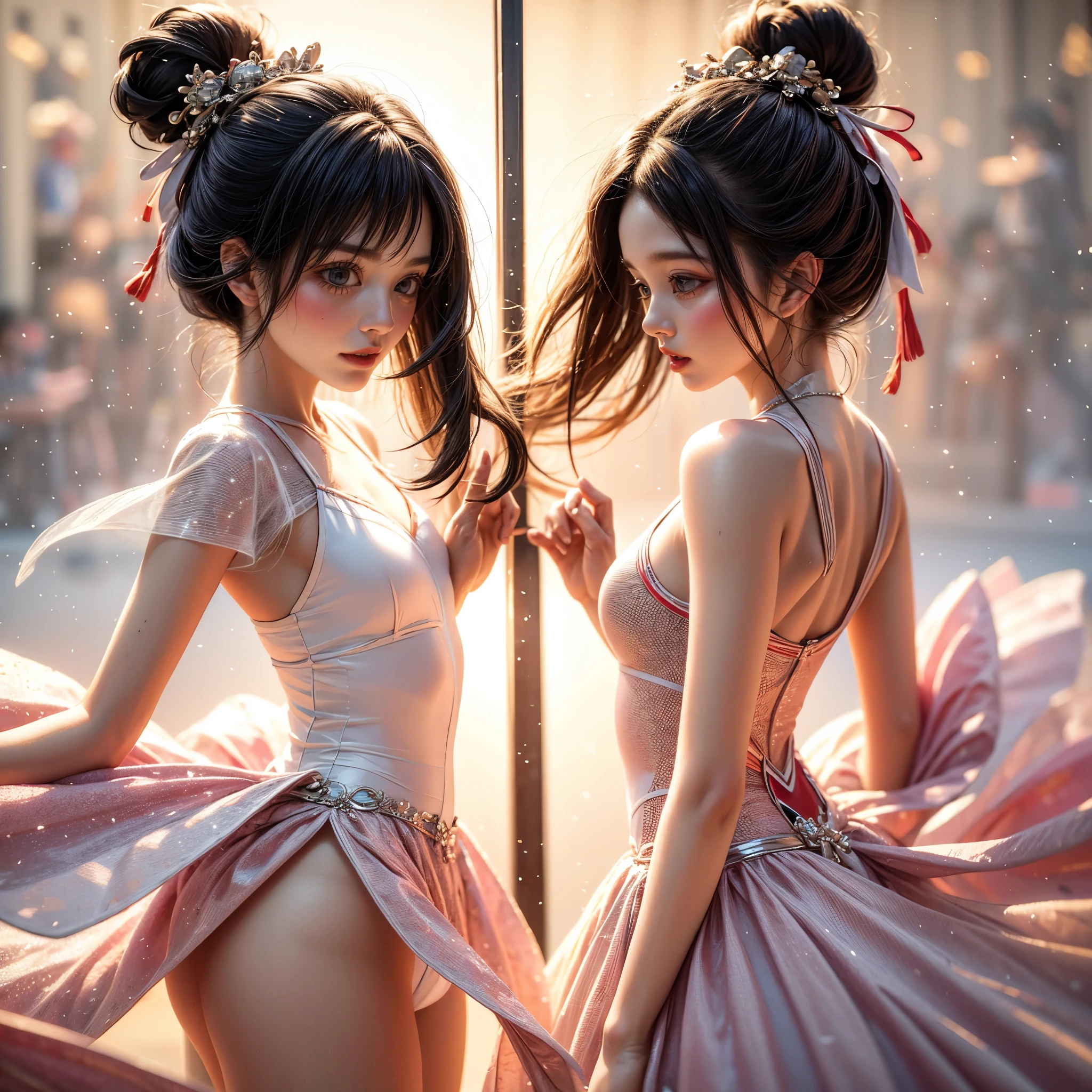 SFW, ExtremelyDetailed (((Kawaii Ballet Girls Group in a row:1.37))), Childish perfect face, Reflective Eyes, Detailed(Delicate Clothing textures), corrected hand, Dynamic Joyful Expressions LifeLike Rendering, (Specular Reflection:0.2), TopQuality 8K Ultra-detailed masterpiece (ProfessionalPhoto:1.37), (Acutance:0.8), (Luminism:1.28), ( Colorful Light particles:0.75), (Muscle:-0.5), facing away (from side ) (Clearly visible Beautiful hip shape)