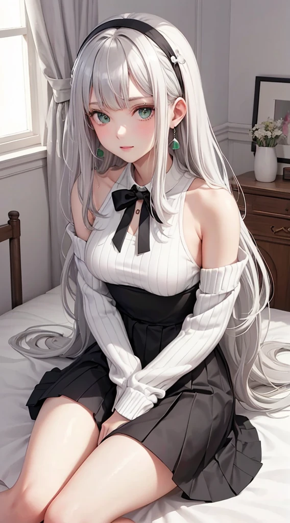 Character Details:, - Gender: 1 Girl.
- Style: Anime, - Body Type: Attractive body, nice body, nice legs, slim tights, nice arms, nice shoulders. - Breast: (medium Breast:1.2)- Facial Feature: Beautiful, Gorgeous, ager, Fresh, Young.
- Expression: Small smile, Confident Look, emerald green eyes. - Hairstyle: Blunt Bangs. - Hair Color: (White Grey Hair:1.5), (Straight and Wavy Long Hair:1.3),
- Clothing: (Girly White Sweater, Open Sleeves, Can see shoulder, Girly White and Black Skirt:1.6, Girly Stocking.). - Body Pose: (Sitting on bed:1.3), (Girly Pose).. - Behaviour: Waiting, Want Something, Secretly.
- Accessories: Earrings, thin Black Headband, Green Hair Accessories, Environmental Details:, - Setting: Bed Room., - Lighting: Natural Light., - Decoration: Modern Bed, Chair, Window, White Curtain, City View. Top view. pov, anime style, UHD, retina, masterpiece, accurate, anatomically correct, textured skin.
