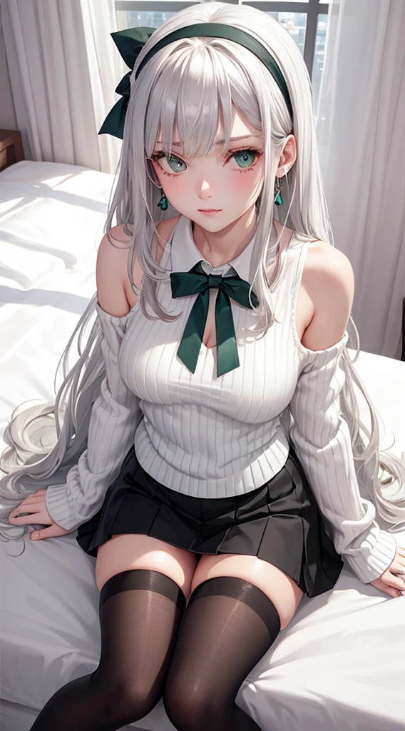 Character Details:, - Gender: 1 Girl.
- Style: Anime, - Body Type: Attractive body, nice body, nice legs, slim tights, nice arms, nice shoulders. - Breast: (medium Breast:1.2)- Facial Feature: Beautiful, Gorgeous, ager, Fresh, Young.
- Expression: Small smile, Confident Look, emerald green eyes. - Hairstyle: Blunt Bangs. - Hair Color: (White Grey Hair:1.5), (Straight and Wavy Long Hair:1.3),
- Clothing: (Girly White Sweater, Open Sleeves, Can see shoulder, Girly White and Black Skirt:1.6, Girly Stocking.). - Body Pose: (Sitting on bed:1.3), (Girly Pose).. - Behaviour: Waiting, Want Something, Secretly.
- Accessories: Earrings, thin Black Headband, Green Hair Accessories, Environmental Details:, - Setting: Bed Room., - Lighting: Natural Light., - Decoration: Modern Bed, Chair, Window, White Curtain, City View. Top view. pov, anime style, UHD, retina, masterpiece, accurate, anatomically correct, textured skin.