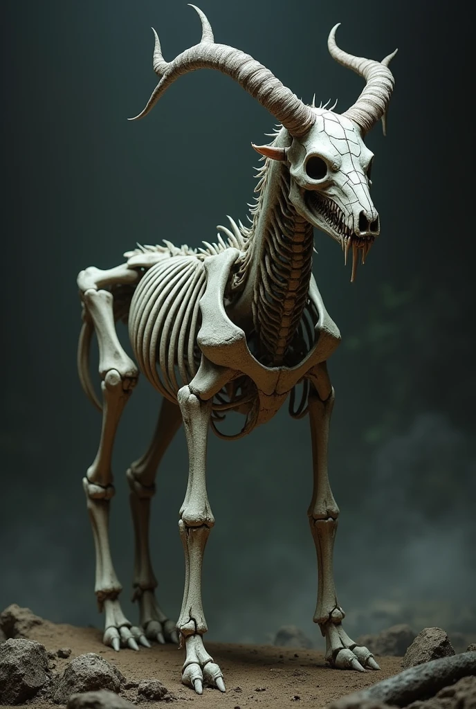 Create an image of a terrifying skeletal centaur-like creature known as a Skeraton. The creature is about 3 meters tall and has the body of a centaur with four legs. The upper half of its body is skeletal with a cracked skull and sharp, menacing teeth. Curved horns extend from its head and bend backward. The lower half of its body is also skeletal and decayed. The creature should have a frightening and grotesque appearance, combining features of a centaur and a skeleton.