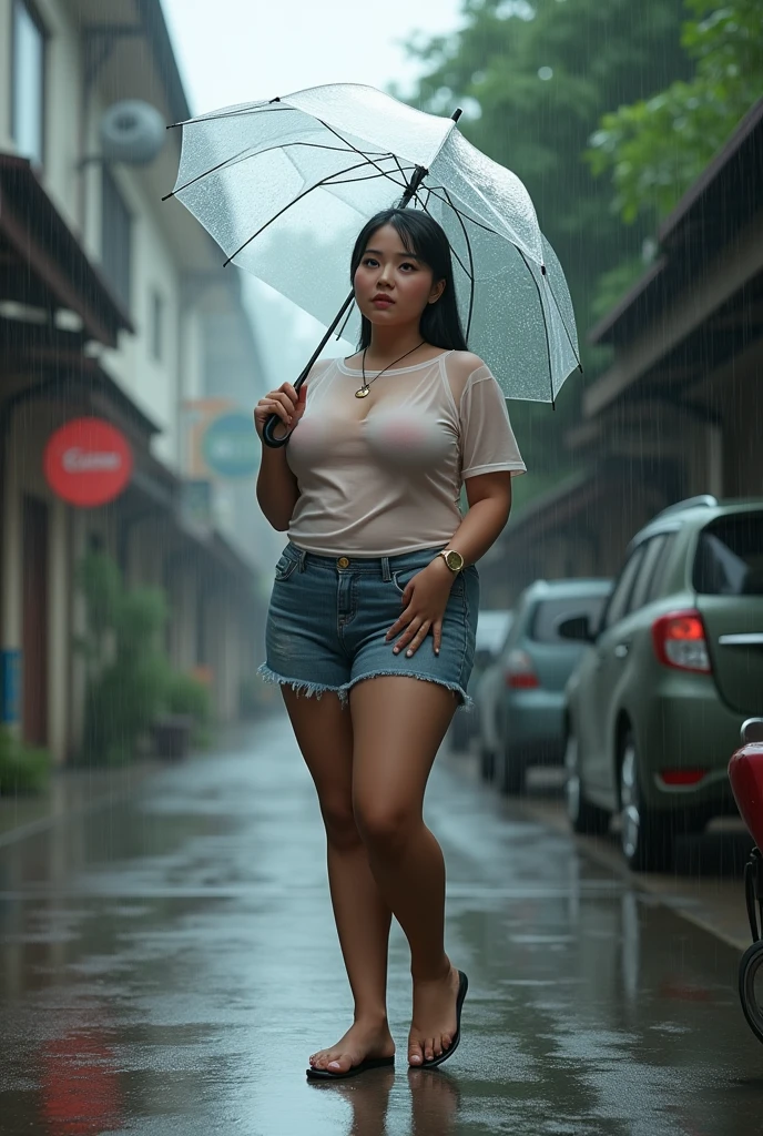 (photorealism:1.2)
rainy day, Indonesian artist "maria vania", wear transparent t-shirt, big breast, big boobs, holding transparent umbrella, standing on the pedestrian street on a residential area, chubby.