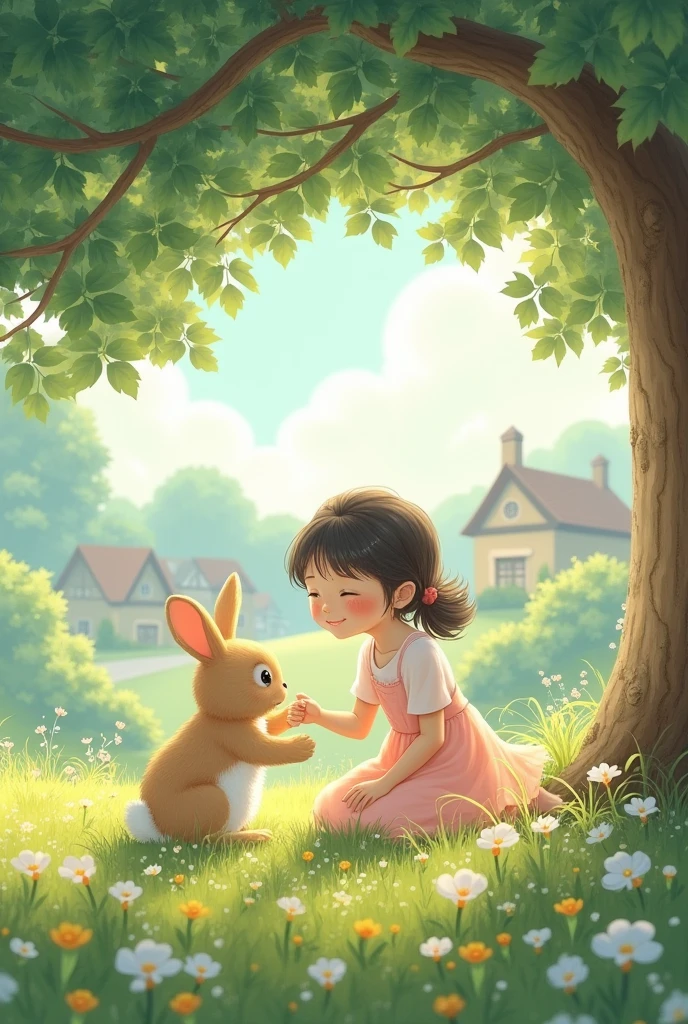 A serene scene of small girl and rabbit sitting happily together under a tree, with a peaceful village in the background, symbolizing their joyful life together.