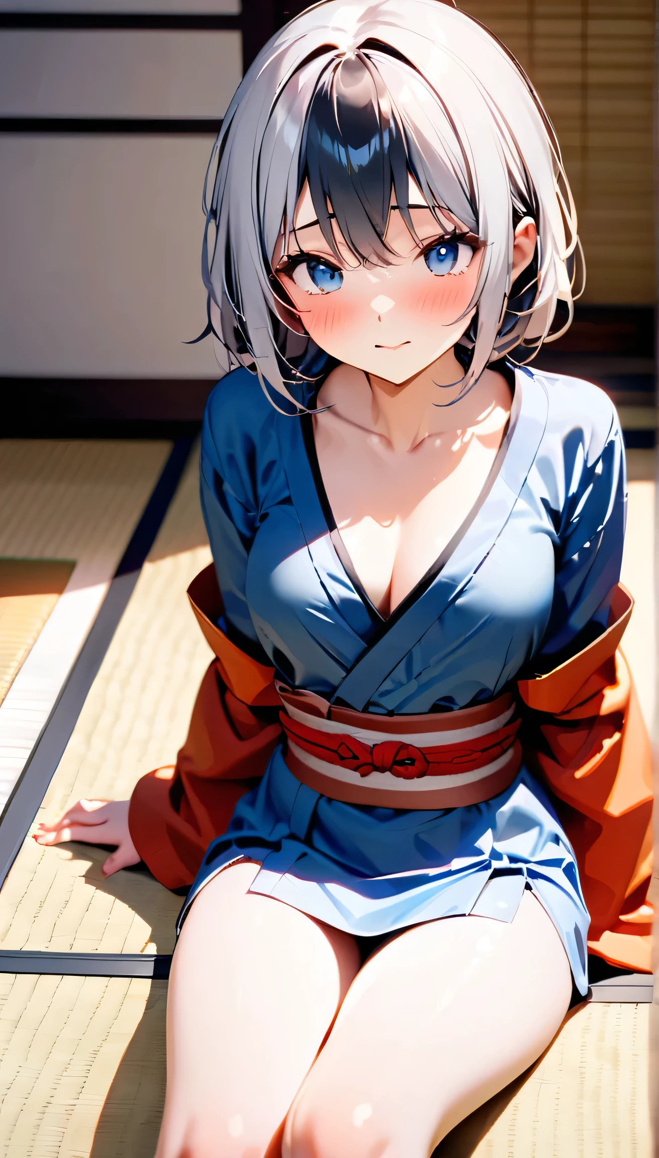 Karuta is a traditional Japanese card game, , 最high quality, (masterpiece:1.2), tatami, 1 , In the same way, tatamiの上に座る, tatamiの上のカードに手を置く,Silver Hair,Japanese-style blue eyes, High resolution, Sitting chest, Blushing, accurate, 最high quality, high quality, High-resolution model, High detail, 