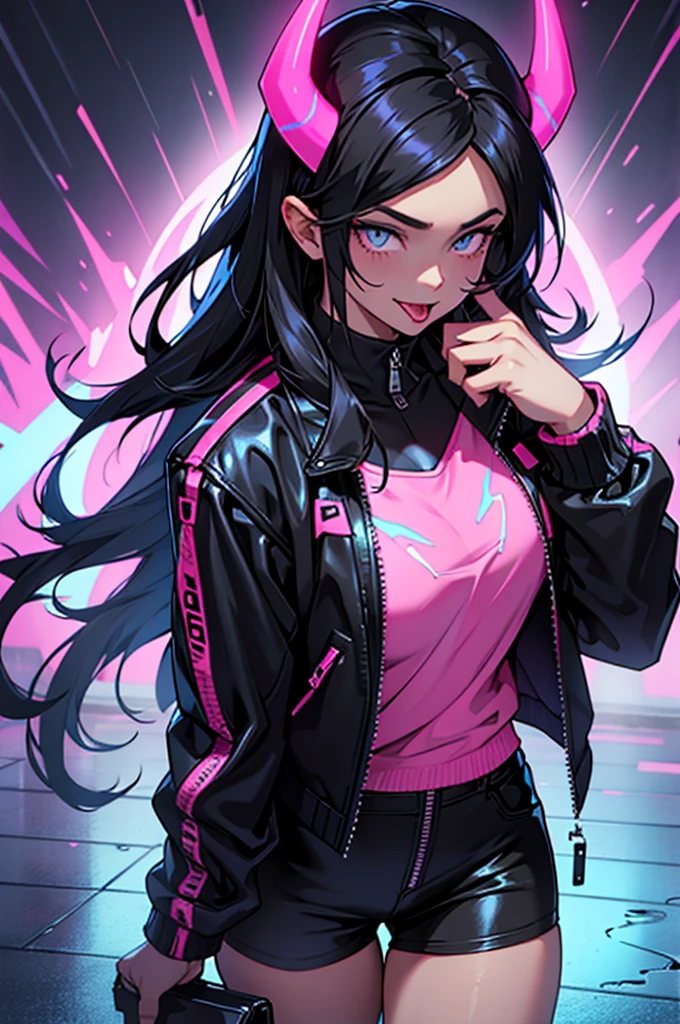 A woman with long black hair and glowing blue and pink horns is wearing a black leather jacket with a zipper in a dark background. She is sticking her long tongue out, and the tongue is glowing pink. She is covered in a pink liquid, and the liquid is dripping down her body and onto the black floor. The liquid is reflecting the glow of the horns and tongue, creating