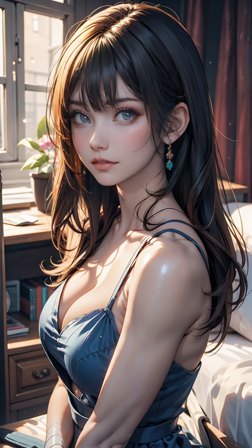 A blonde woman with long hair and a blue dress is posing for a photo, Realistic anime art style, Photorealistic anime girl rendering, Smooth anime CG art, Anime realism style, Realistic art style, realistic young anime, Gorgeous digital painting, Realistic Anime 3D Style, Beautiful anime portraits, Realistic anime art style, Close-up character portraits, 3D Anime Real, Anime style portrait