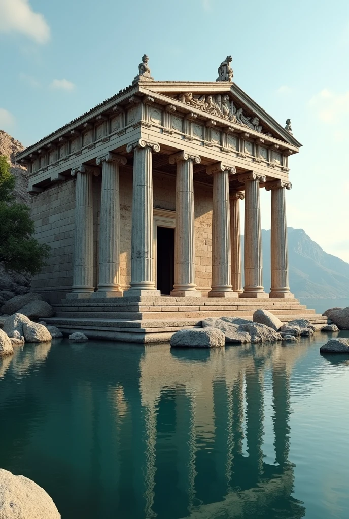 masterpiece,Highest quality,８K,Ancient Greek temple,By the lake,Partially submerged,