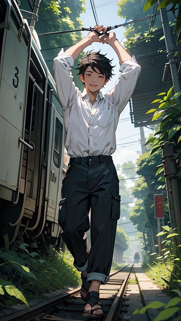Anime-style illustration featuring a young man with short, dark hair and fair skin. He is wearing a loose, white button-up shirt and dark pants. The subject is depicted with a joyful expression, arms outstretched, walking along a narrow, overgrown railway track. The background is a lush, green forest with dense foliage and a bright, partly cloudy sky. The image has a vibrant and lively atmosphere, capturing a moment of carefree happiness. In the top right corner, there is a small, circular icon with a play button, indicating this is part of a series of images, specifically 2 out of 10.