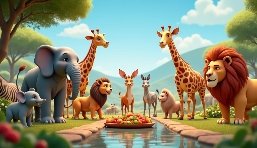 In 3d animation style " All the animals celebrating their success with plenty of food and clean water"