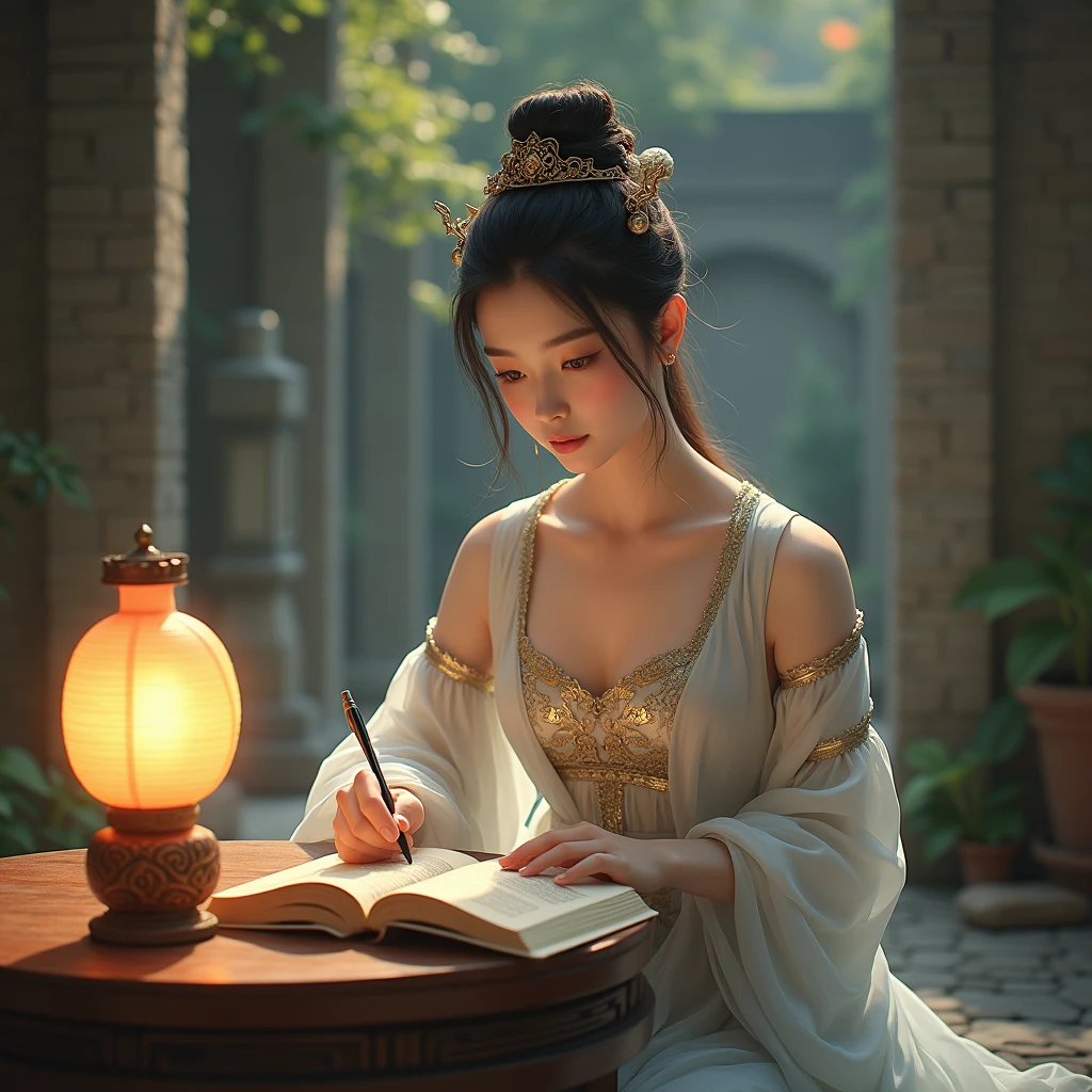 1 beautiful girl in traditional chinese dress, sitting in a garden surrounded by ancient walls, reading an ancient chinese book under the lamp on a low table, right hand holding a pen, left hand on the table, masterpiece, realistic, 4k, extremely detailed, beautiful detailed eyes, beautiful detailed lips