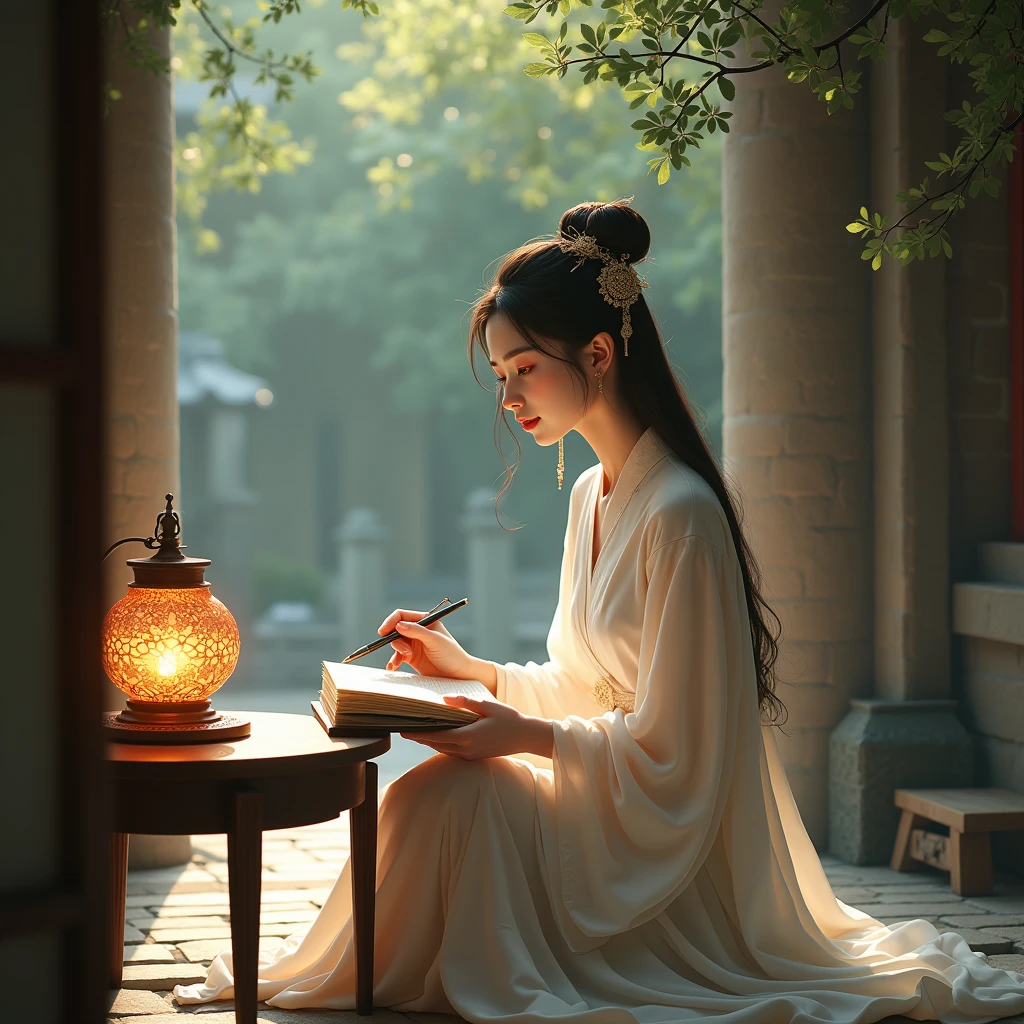 1 beautiful girl in traditional chinese dress, sitting in a garden surrounded by ancient walls, reading an ancient chinese book under the lamp on a low table, right hand holding a pen, left hand on the table, masterpiece, realistic, 4k, extremely detailed, beautiful detailed eyes, beautiful detailed lips