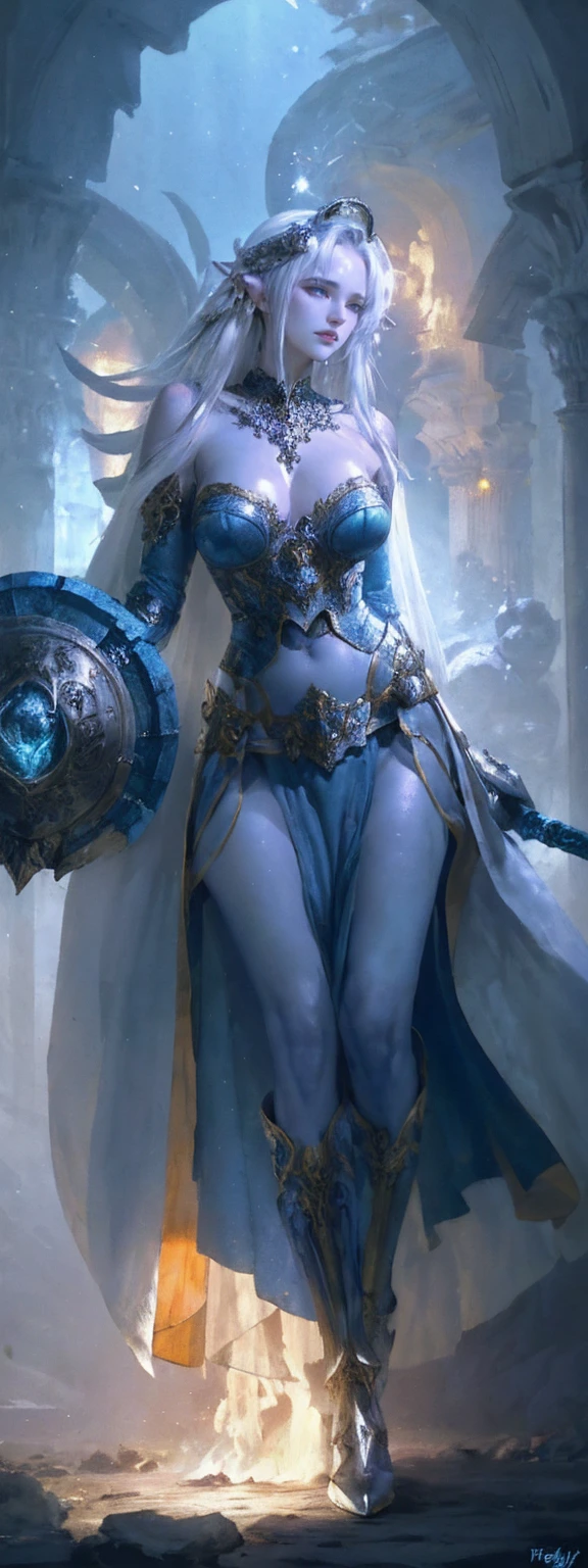 fantasy art, dnd art, RPG art, drkfntasy wide shot, (masterpiece: 1.4) portrait, intense details, highly detailed, photorealistic, best quality, highres, glowing particle portrait a vedalken female (fantasy art, Masterpiece, best quality: 1.3) (blue skin: 1.5), intense details facial details, exquisite beauty, (fantasy art, Masterpiece, best quality)cleric, (blue colored skin: 1.5) blue skinned female, (white hair: 1.3), long hair, intense green eye, (fantasy art, Masterpiece, best quality), (((no ears: 1.5))), armed a fiery sword red fire, wearing heavy (white: 1.3) half plate mail armor CM-Beautiful_armor wearing high heeled laced boots, wearing an(orange :1.3) cloak, wearing glowing holy symbol, within fantasy temple background, reflection light, high details, best quality, 16k, [ultra detailed], masterpiece, best quality, (extremely detailed), close up, ultra wide shot, photorealistic, RAW, fantasy art, dnd art, fantasy art, realistic art, 